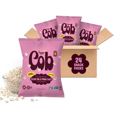 Cob Olive Oil & Pink Salt Popped Sorghum, 24-Pack (1 oz. bags) | Corn-Free Popcorn Alternative | Seed Oil Free | Non-GMO, Gluten-Free, Vegan & Kosher | Toddler-Friendly | Allergy-Friendly