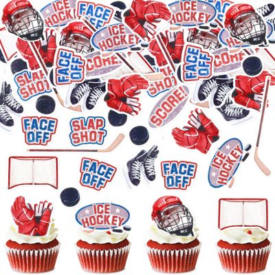 50Pcs Edible Ice Hockey Cupcake Toppers Edible Puck Cupcake Picks for Ice Hockey Player Birthday Cupcake Decorations Winter Sports Baby Shower Birthday Party Supplies