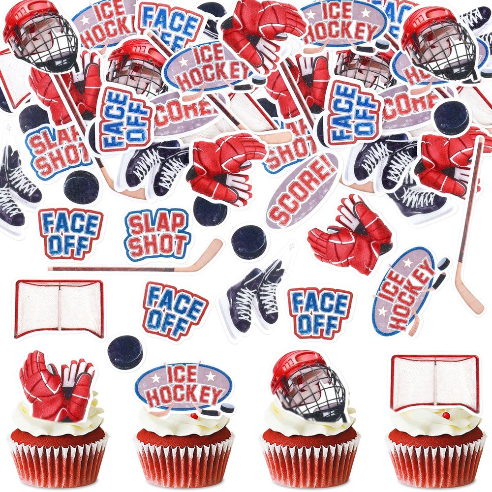 50Pcs Edible Ice Hockey Cupcake Toppers Edible Puck Cupcake Picks for Ice Hockey Player Birthday Cupcake Decorations Winter Sports Baby Shower Birthday Party Supplies