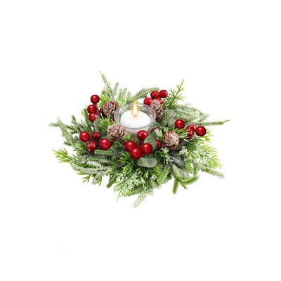 Christmas Candle Ring Artificial Pine Cones Pine Leaf Berries Candle Wreath for Desktop Centerpieces Decor (Olive Green, 22cm)