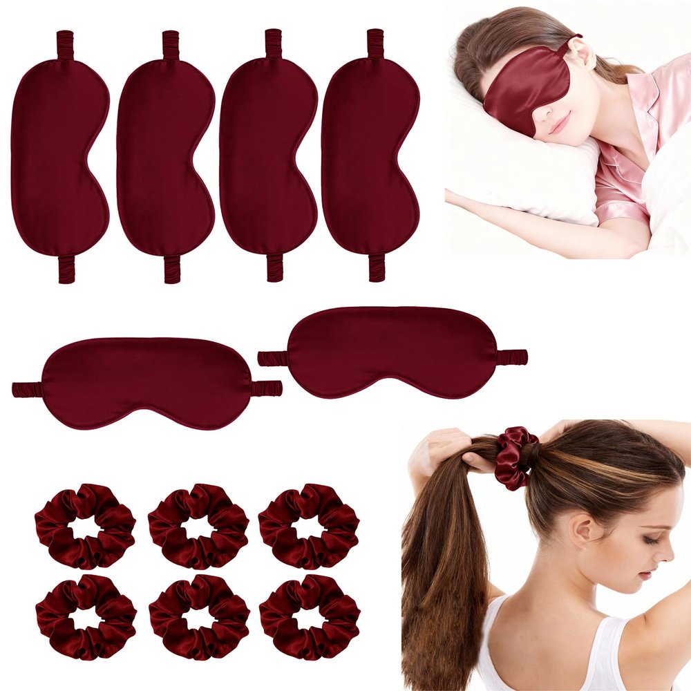 12Pcs Silk Sleep Masks Satin Eye Mask Silky Eyes Cover Blindfold Eyeshade Hair Ties Scrunchy Travel Bridesmaids Gifts