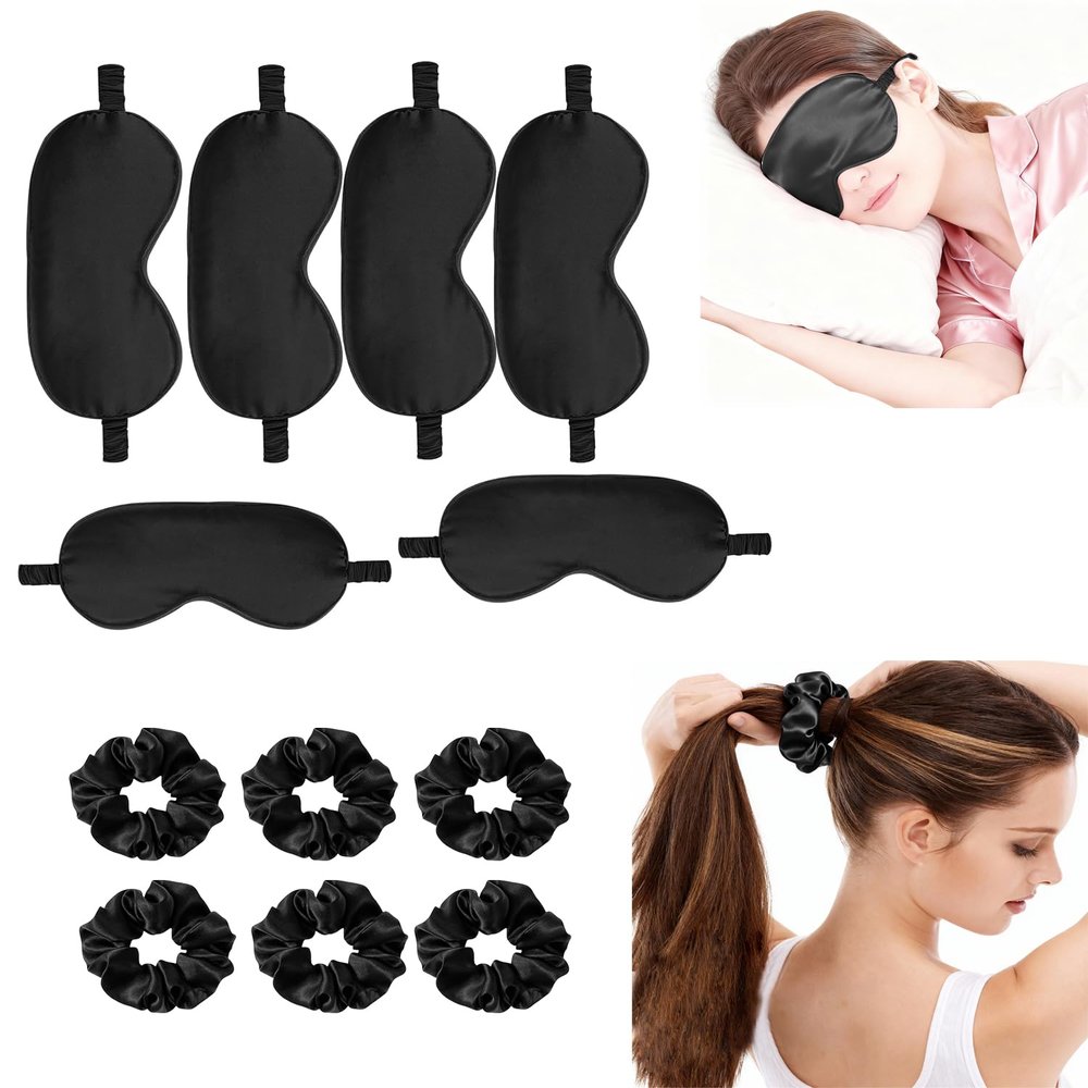 12Pcs Silk Sleep Masks Satin Eye Mask Silky Eyes Cover Blindfold Eyeshade Hair Ties Scrunchy Travel Bridesmaids Gifts