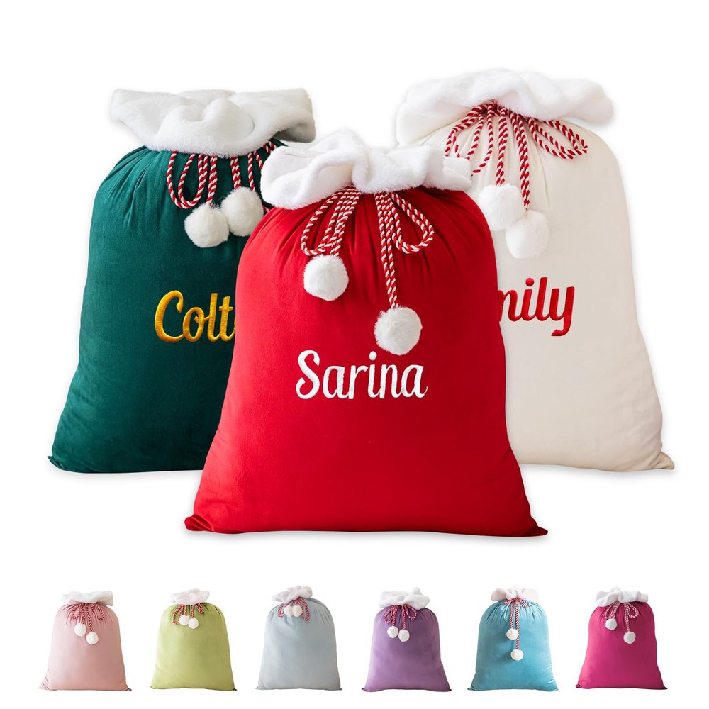 Ulico Personalized Christmas Santa Sack Bags with Embroidered Name,20x28 Custom Christmas Santa Bags, Large Red Velvet Drawstring Gift Supplies Bag (4 Pcs)