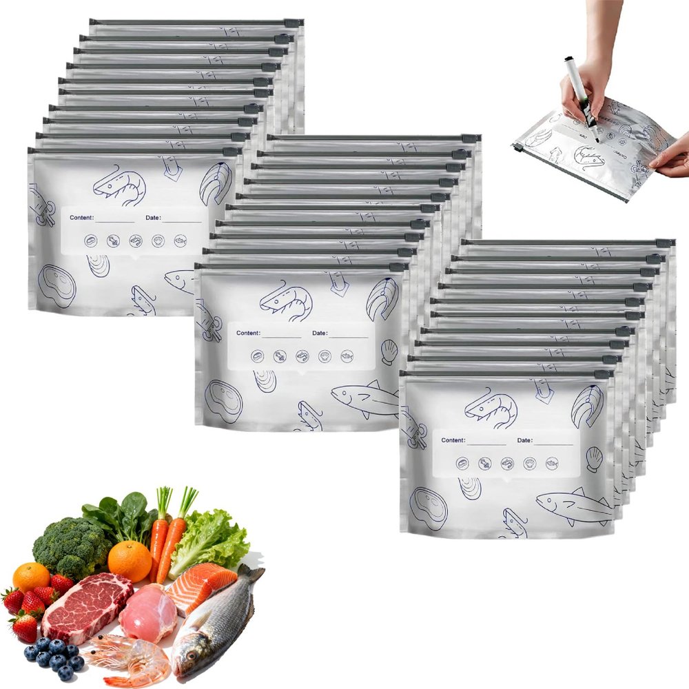 30 Pcs Reusable Aluminum Foil Sealable Storage Bags, Aluminum Foil Storage Bags, Stand up Freezer Vacuum Zip Lock Pouches with Label for Vegetable Fruit Meat (30*S)