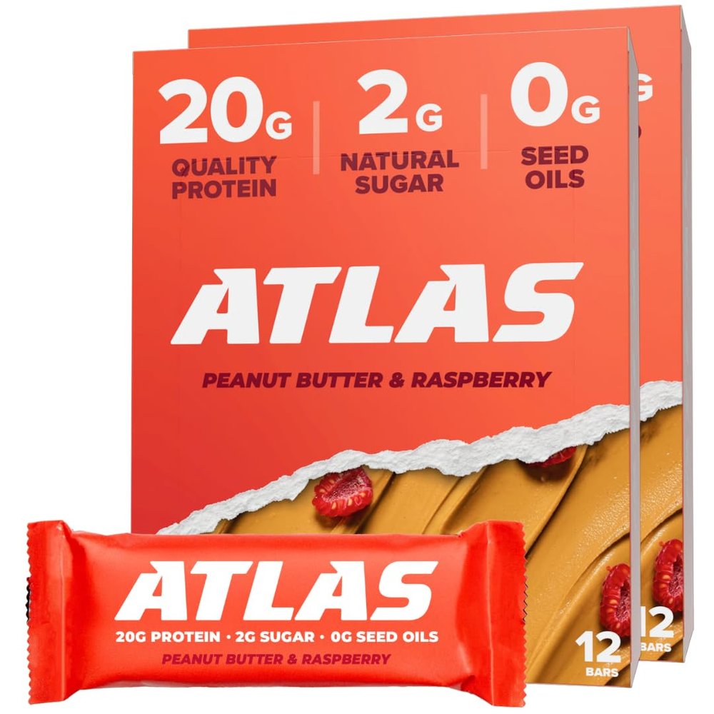 Atlas Real Food Protein Bar 20g Clean Protein, 2g Sugar, No Seed Oils, No Artificial Sweeteners (Peanut Butter & Raspberry, 24 Count)