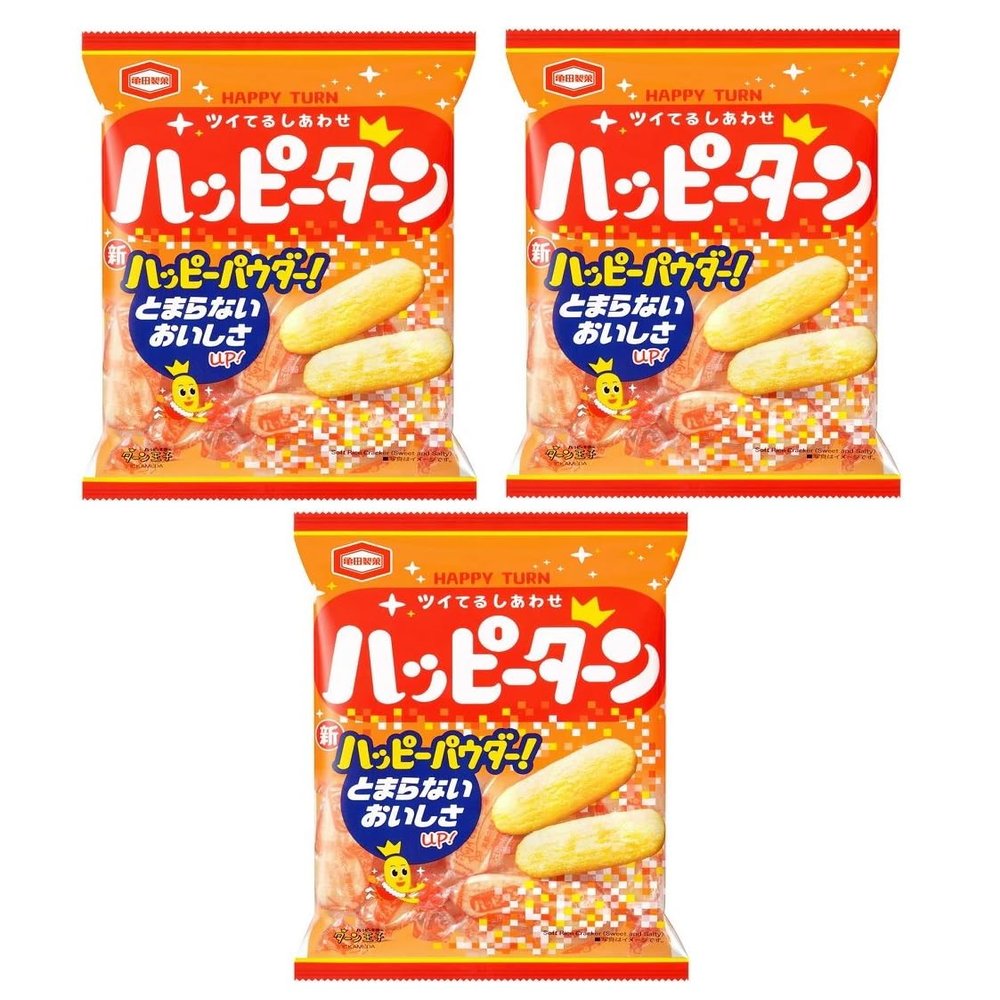 Happy Turn Rice Crackers 96g/3.4 oz | 3pack | Sweet & Salty Japanese Snack | Addictive Magic Powder | Made in Japan | Yummy-Yamaguchi Original Wipe Included