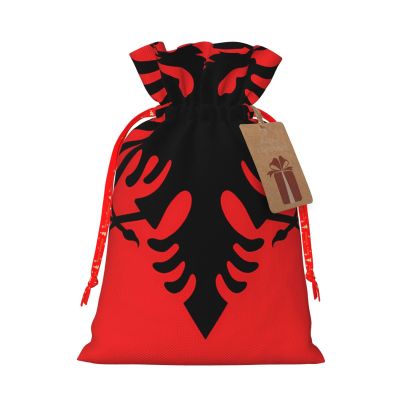 JxWCher Albanian flag Print Christmas Gift Bag Gift Pouches with Drawstring, Rustic Holiday Party Favor Bags Small