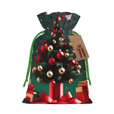 JxWCher Round Ball Christmas Tree Print Christmas Gift Bag Gift Pouches with Drawstring, Rustic Holiday Party Favor Bags Medium