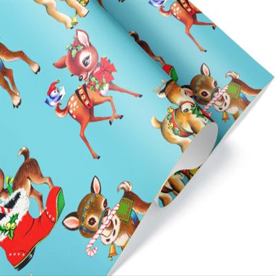 Blue Vintage Style Reindeer Christmas Wrapping Paper, Retro X-mas Gift Wrap, MCM Mid Century Modern Holiday Decor (Blue, 6 foot x 29 inch roll)