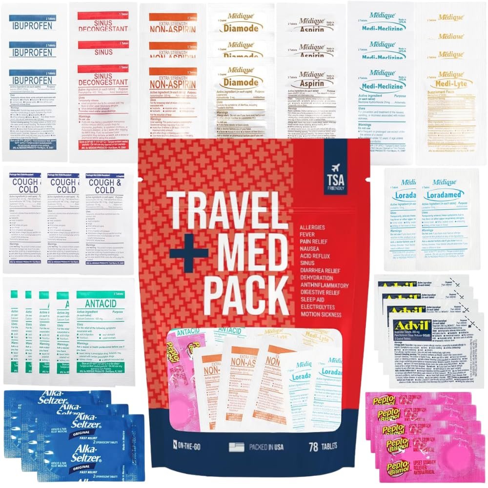 Travel Medicine Kit - 78-Piece TSA-Approved Medication Pack for Flights, Cruises & International Travel | Individually Wrapped OTC Medication Essentials