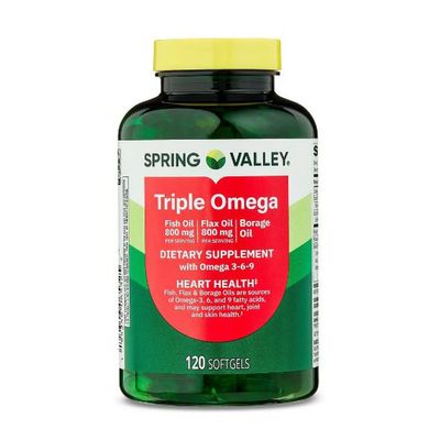 Spring Valley Triple Omega, Fish Oil 800mg, Flax Oil 800mg, and Borage Softgels, Heart Health Dietary Supplement, 120 Count