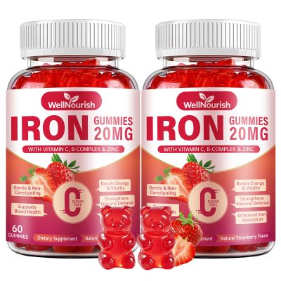 2 Pack Iron Gummies for Women & Kids, Sugar Free with Vitamin C, 20mg Gentle Iron for Whole Family, Non-Constipating, Blood Builder B12 & Folate, Energy Support, Strawberry 120 Count