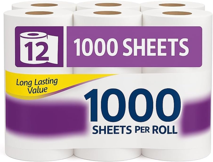 1000-Sheet Toilet Paper 12 Pack Premium 1-Ply Bath Tissue, Soft & Strong, Septic-Safe, Long-Lasting Bathroom Tissue for Home, Office & Commercial Use