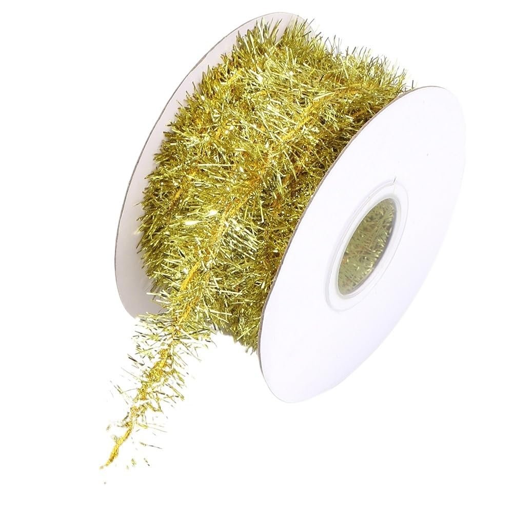 10Yards Glitter Christmas Tinsel Garland Metallic Foil Thin Christmas Mini Garland for Xmas Tree Party Wedding Decorations Craft Supplies(Light Gold)