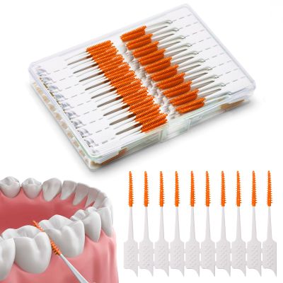 ACSKD 300 Pieces Interdental Brushes,Braces Brush with Silicone Head,Dental Tooth Flossing Toothpick Cleaners Tooth Tool, Orange