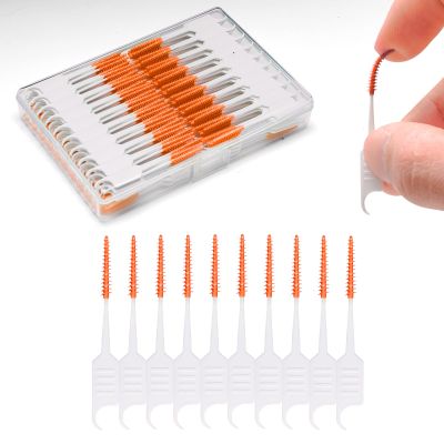 ACSKD 300PCS Dental Floss Picks,Dual-Use Interdental Brushes,Soft Silicone Brush Head Toothpicks, Tooth Picks Flossers for Teeth Braces Cleaning (Orange)