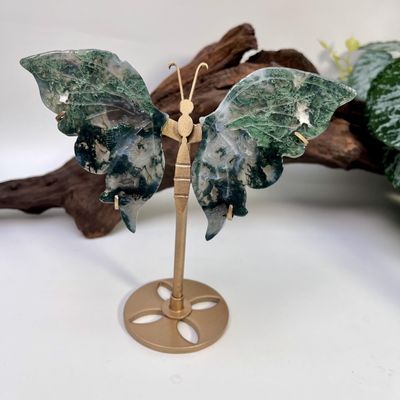 Natural Moss Agate Butterfly Wings Crystal with Stand, Hand Carved Healing Crystal Quartz Gemstone Figurine, Reiki Energy Stone for Home Office Tabletop Decor