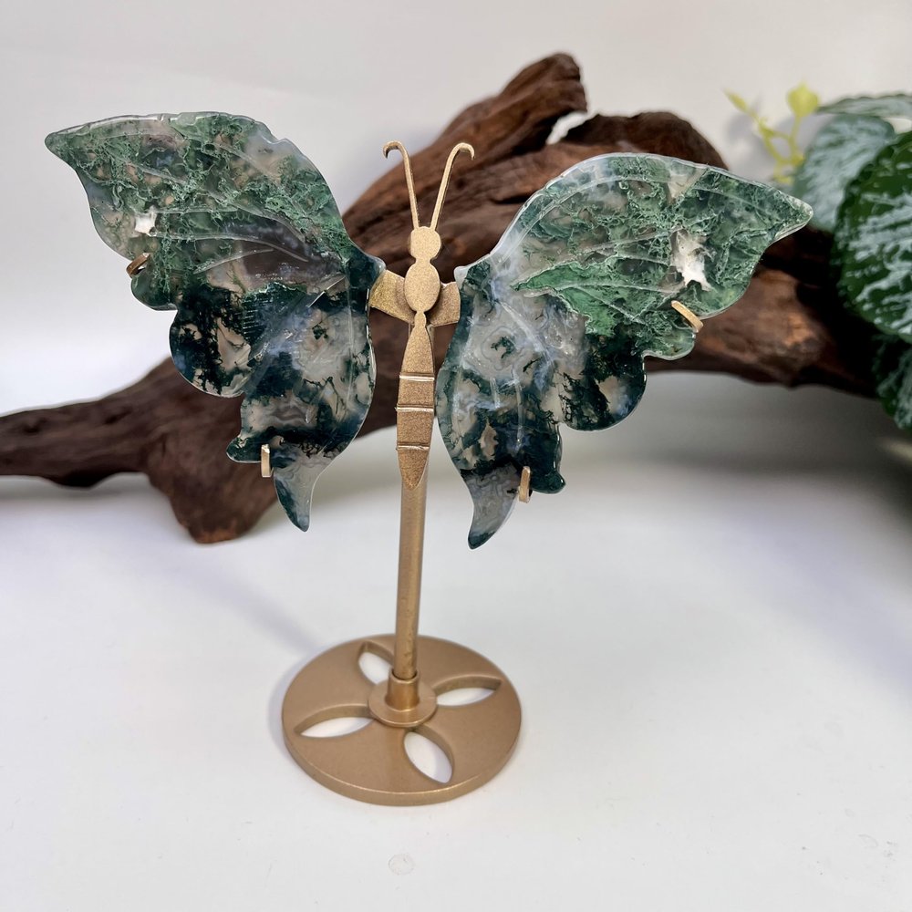 Natural Moss Agate Butterfly Wings Crystal with Stand, Hand Carved Healing Crystal Quartz Gemstone Figurine, Reiki Energy Stone for Home Office Tabletop Decor