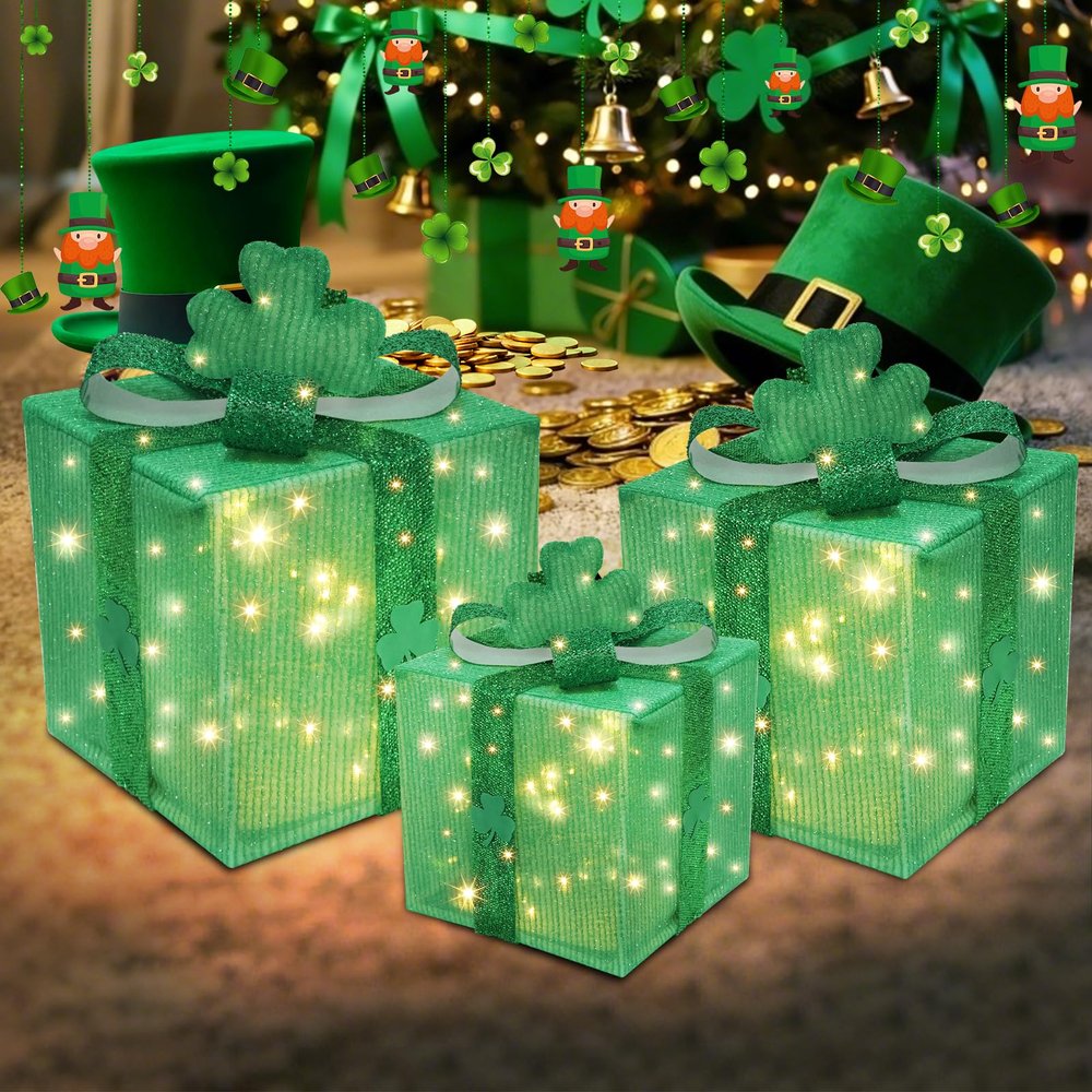 3 Pieces Lighted Gift Boxes St Patricks Day Decoration, 50 LED St. Patrick's Day Decoration Present Boxes with Green Ribbon & Shamrocks Clover Decor for Indoor Holiday Party Garden Irish Green Dcor