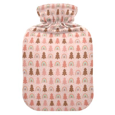 Blush Brown Rainbow Christmas Tree Hot Waterbottle with Soft Cover, 1L Water Bottle Bag for Menstrual Cramps