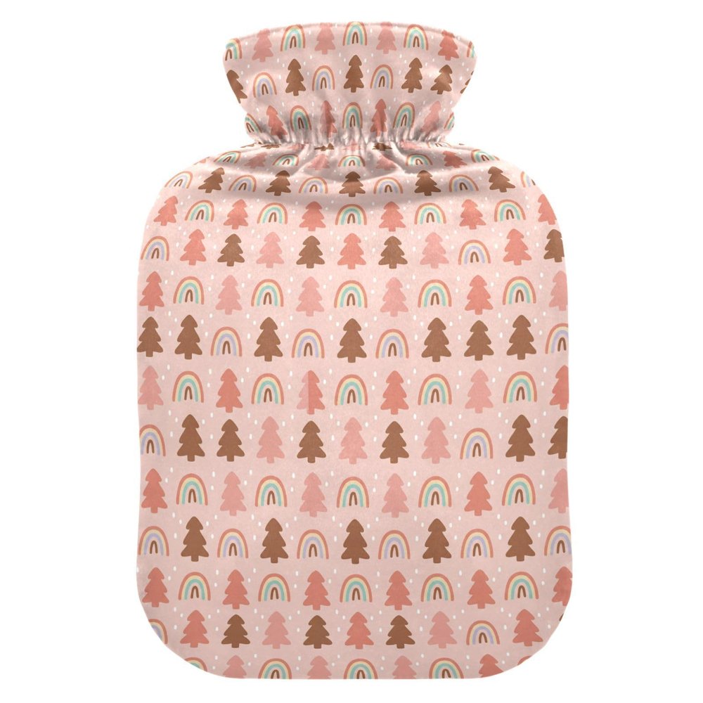 Blush Brown Rainbow Christmas Tree Hot Waterbottle with Soft Cover, 1L Water Bottle Bag for Menstrual Cramps