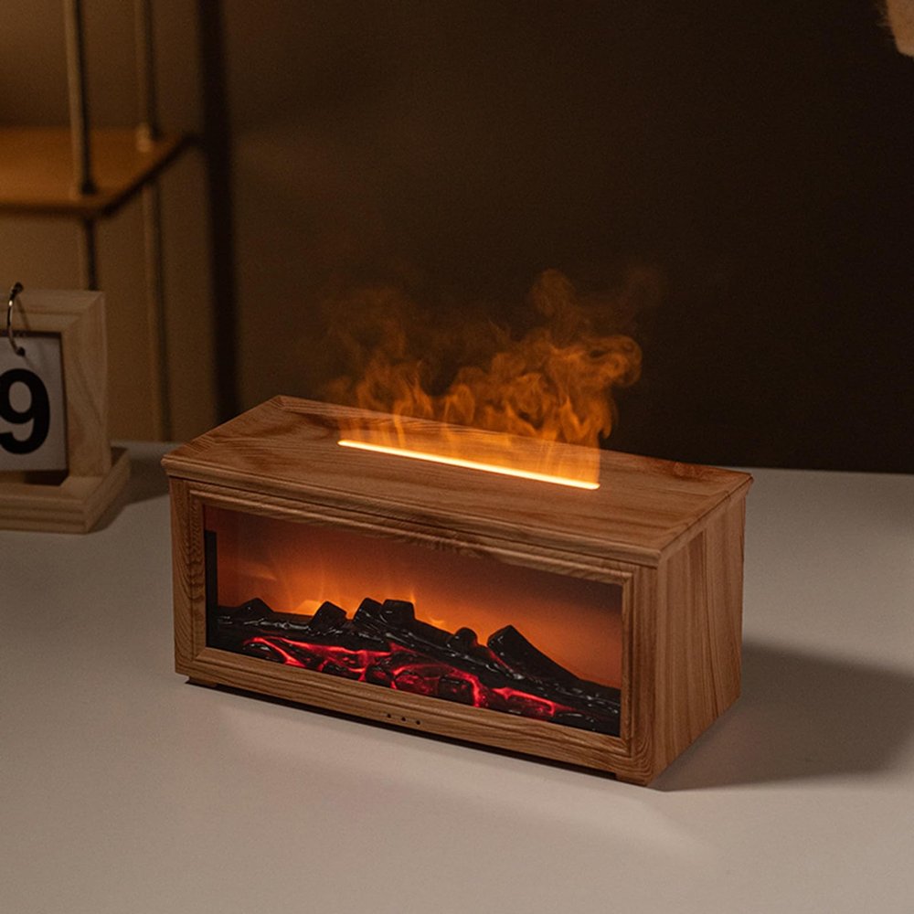 7-Color Flame Fireplace Humidifier,280ml Water Tank Capacity,Cool Mist Humidifier,3-Speed Timer,Automatic Shut-Off Protection,With Remote Control,Suitable for Home,Office and Bedroom Copper
