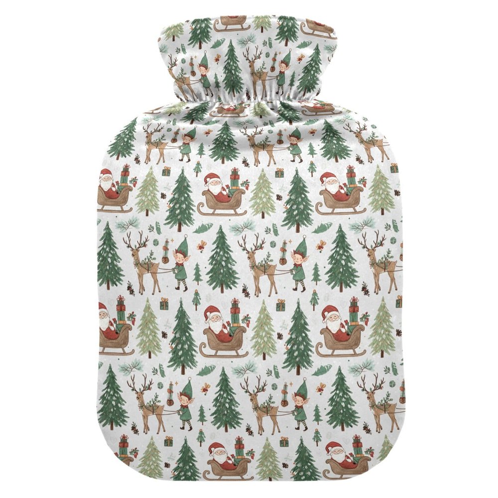 Christmas Light Grey Santa Sleigh Elf Tree Hot-Water Bottle with Soft Cover, 1L Hot Compresses for The Body for Arthritis