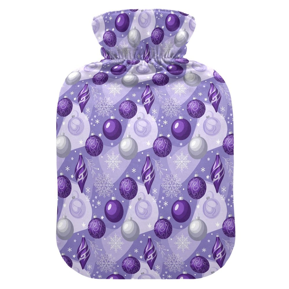 Purple Christmas Ornament Pattern Hot Bottle Water Bag with Soft Cover, 1L Water Bags for Neck Shoulder Warmer
