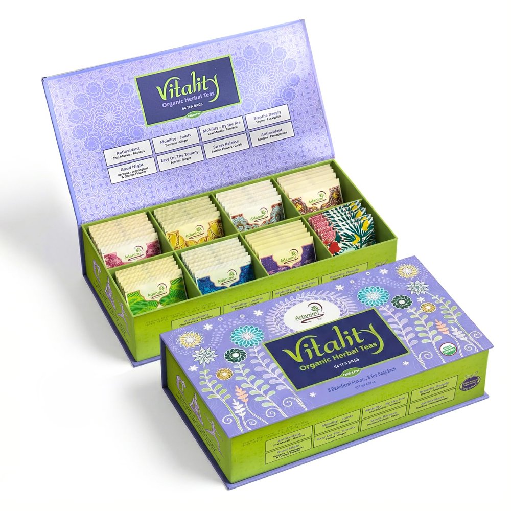 Adanim Bio Vitality Organic Herbal Tea Sampler Variety Pack Gift Box Caffeine Free 8 Flavors Assorted Wellness Tea Set 64 Individually Wrapped Tea Bags Gift Set for Women Mothers Day Gifts for Mom