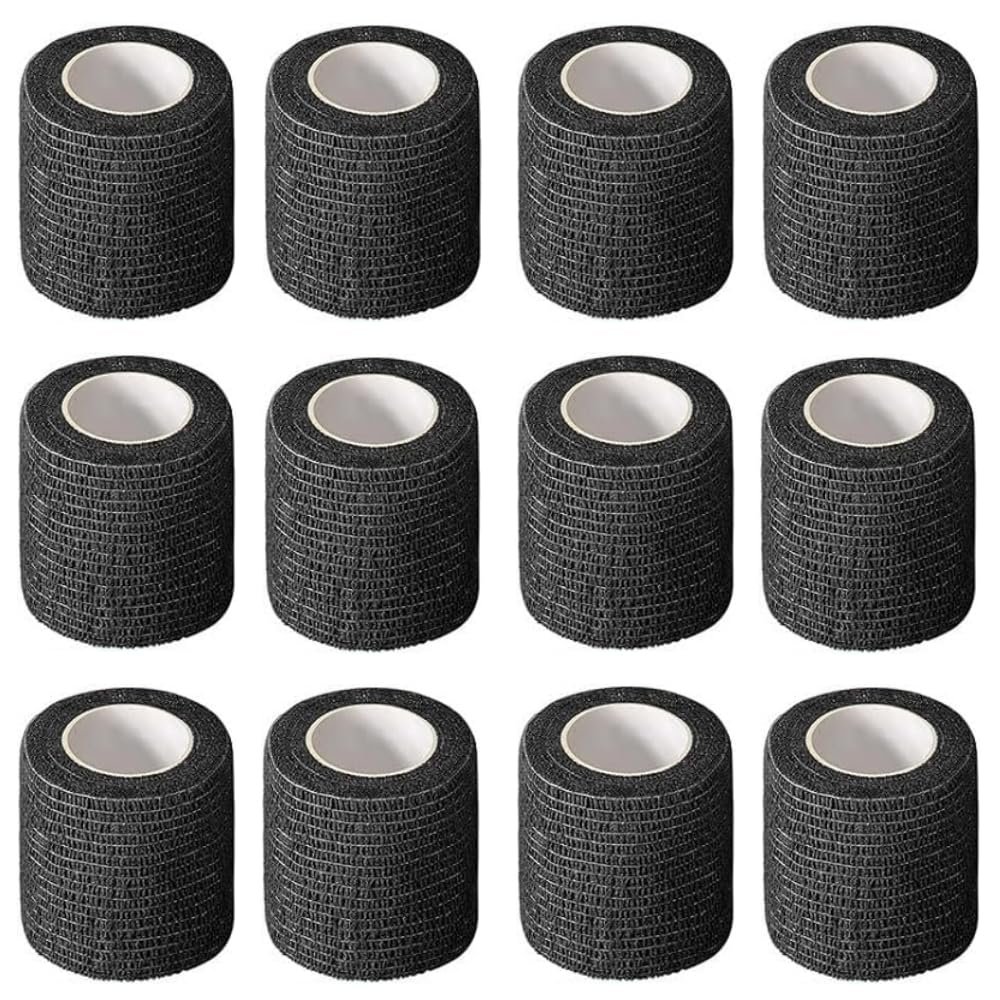 12 Pack Self-Adhesive Athletic Bandage Wrap 1 Inch x 5 Yards Black Elastic Cohesive Sports Tape Breathable for Wrist, Ankle, Knee Support - Ideal for Athletics, Workouts & Injury Recovery