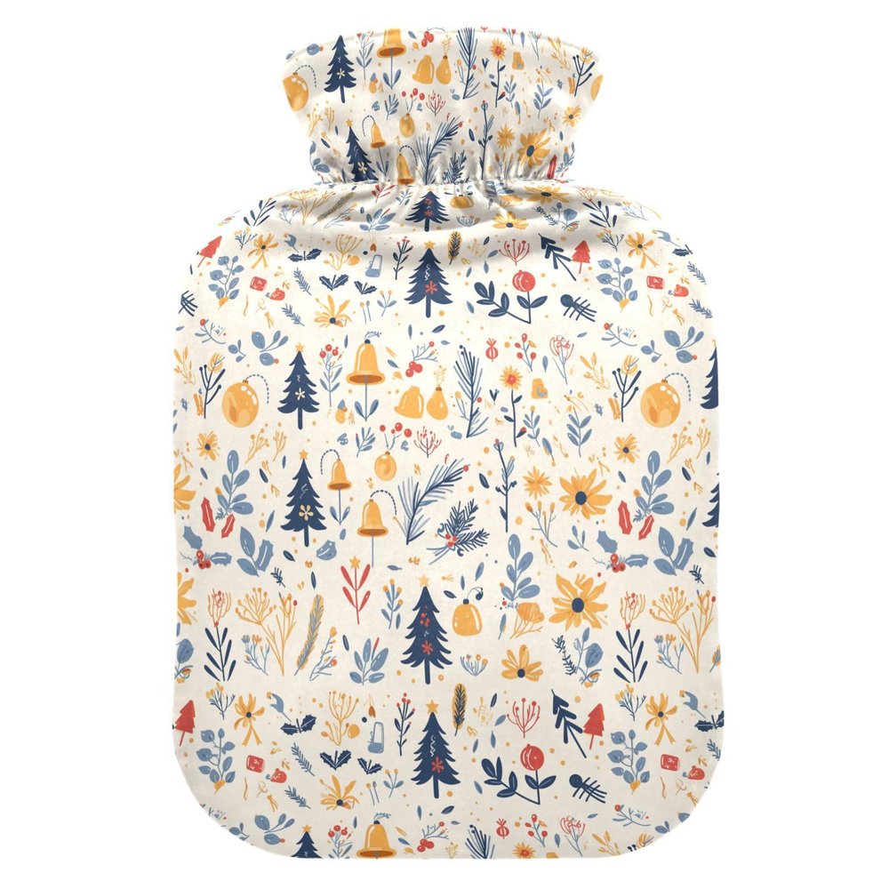 Christmas Pattern Silver Hot Water Bottle with Soft Cover, 1L Warmer Bag for Hot and Cold Therapies