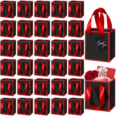 Yeaqee 50 Pcs Mini Metallic Paper Gift Bags with Handles 4x2.75x4.5'' Tiny Small Gift Bags with Thank You Tag for Wedding Graduation Birthday Party Return Gifts Jewelry Business (Black,Red)