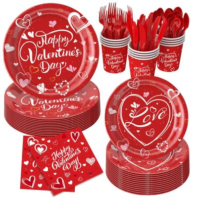 Zonlinpp 112PCS Valentines Day Heart Tableware Party Supplies Set, Serves 16 Red Disposable Plates, Napkins, and Forks with Heart Designs for Valentines Parties, Weddings, and Romantic Celebration