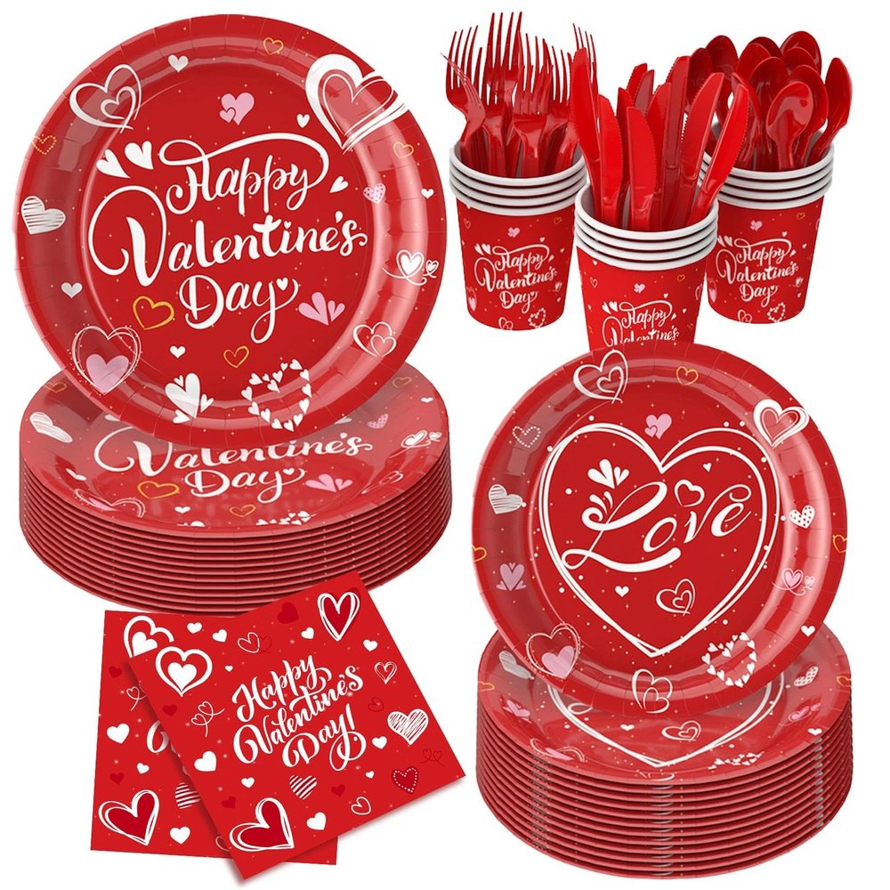Zonlinpp 112PCS Valentines Day Heart Tableware Party Supplies Set, Serves 16 Red Disposable Plates, Napkins, and Forks with Heart Designs for Valentines Parties, Weddings, and Romantic Celebration