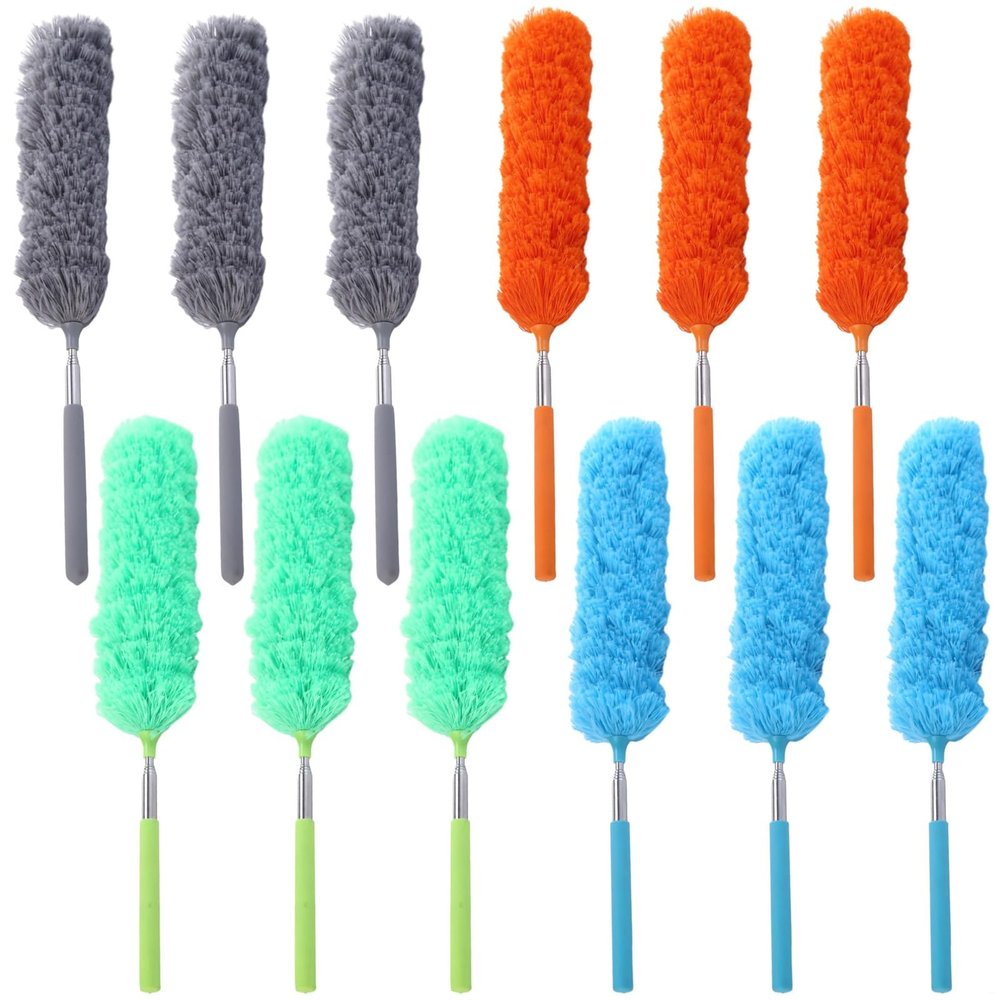 Calolin 12 PCS Microfiber Feather Dusters, Extendable from 31 to 13 Inches, Bendable Washable Cleaning Tools, Metal Pole Ceiling Fan Dusters for Car Office Window Furniture Conditioner