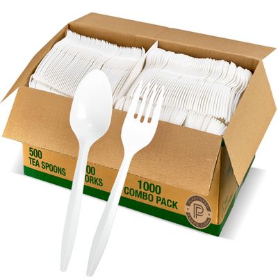 Plasticpro Silverware Cutlery Combo Set 500 Plastic Teaspoons & 500 Plastic Forks Medium Weight Disposable Silverware White (1000 Count Total)