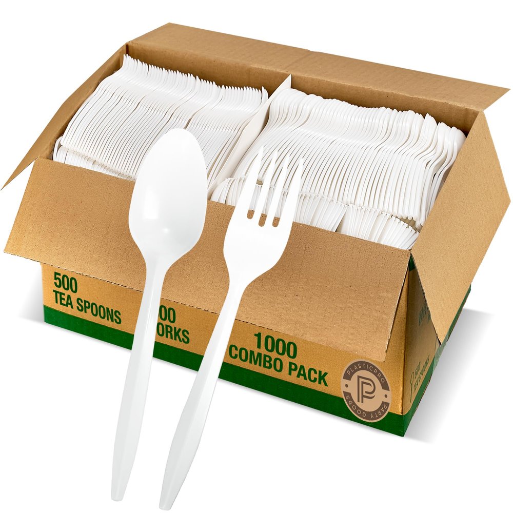 Plasticpro Silverware Cutlery Combo Set 500 Plastic Teaspoons & 500 Plastic Forks Medium Weight Disposable Silverware White (1000 Count Total)