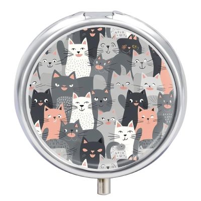 Medicine Box 3 Compartment Pill Box Cute Funny Grey Cats Pattern Printed Round Multi Function Pill Box for Vitamins Fish Oil