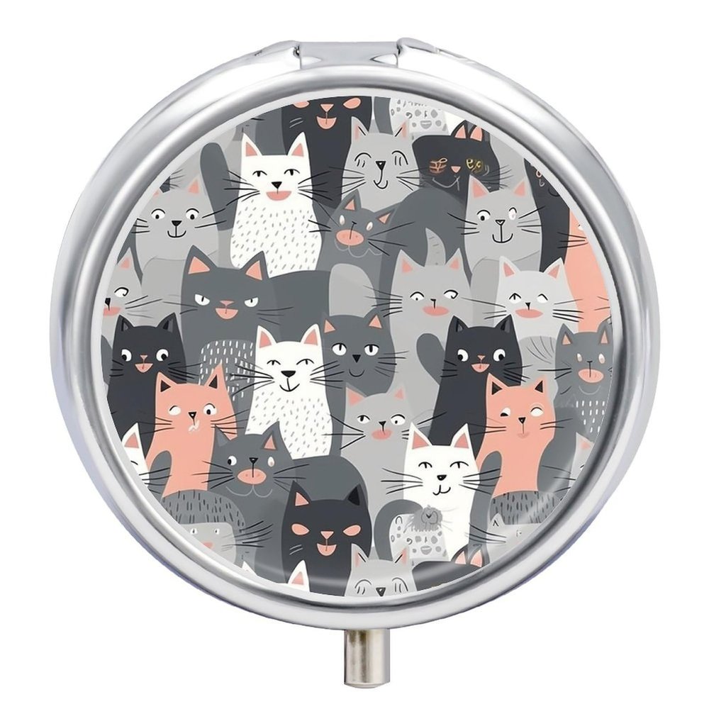 Medicine Box 3 Compartment Pill Box Cute Funny Grey Cats Pattern Printed Round Multi Function Pill Box for Vitamins Fish Oil