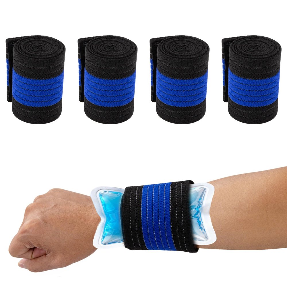 4-Pack Ice Pack Strap,Resuable,Stretchable- 35.5"x3" Adjustable Hook and Loop Elastic Holder & Extender Belt for Secure Ice Pack Wrap, Black and Blue