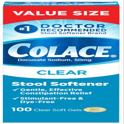 Colace Clear Stool Softener Soft Gel Capsules, 100 Count, Constipation Relief, 50 mg Docusate Sodium, Doctor Recommended