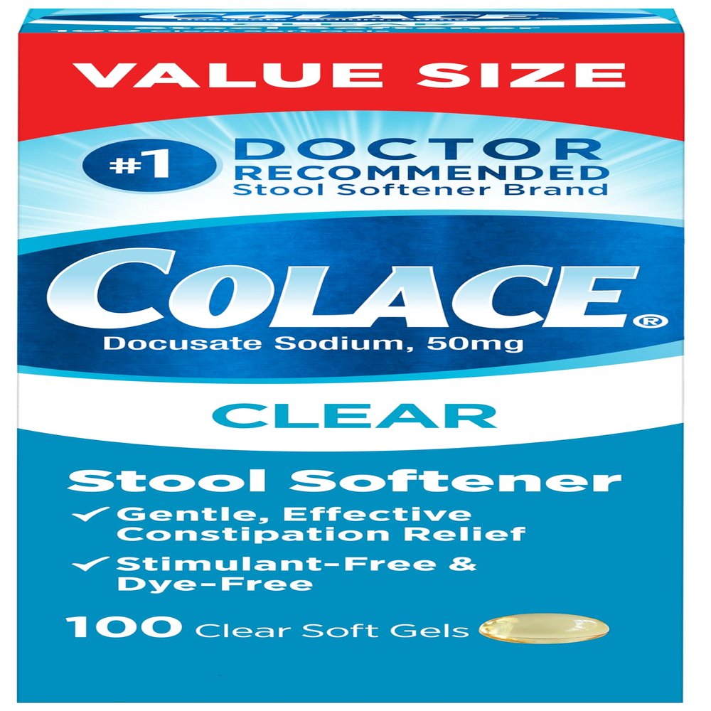 Colace Clear Stool Softener Soft Gel Capsules, 100 Count, Constipation Relief, 50 mg Docusate Sodium, Doctor Recommended