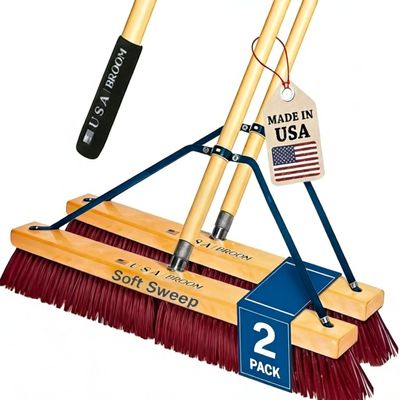2-Pack - 36" Soft/Fine Sweep Indoor Push Broom with 60" Handle. Ideal for Epoxy & Polished Floors. Durable American Made Steel Brackets-All Stainless Steel Hardware. No Plastic. 100% USA Made