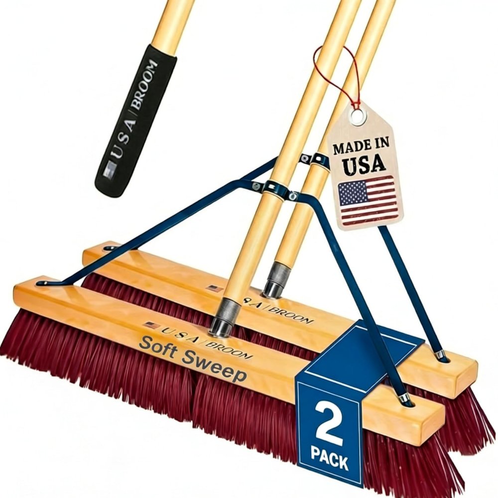 2-Pack - 36" Soft/Fine Sweep Indoor Push Broom with 60" Handle. Ideal for Epoxy & Polished Floors. Durable American Made Steel Brackets-All Stainless Steel Hardware. No Plastic. 100% USA Made