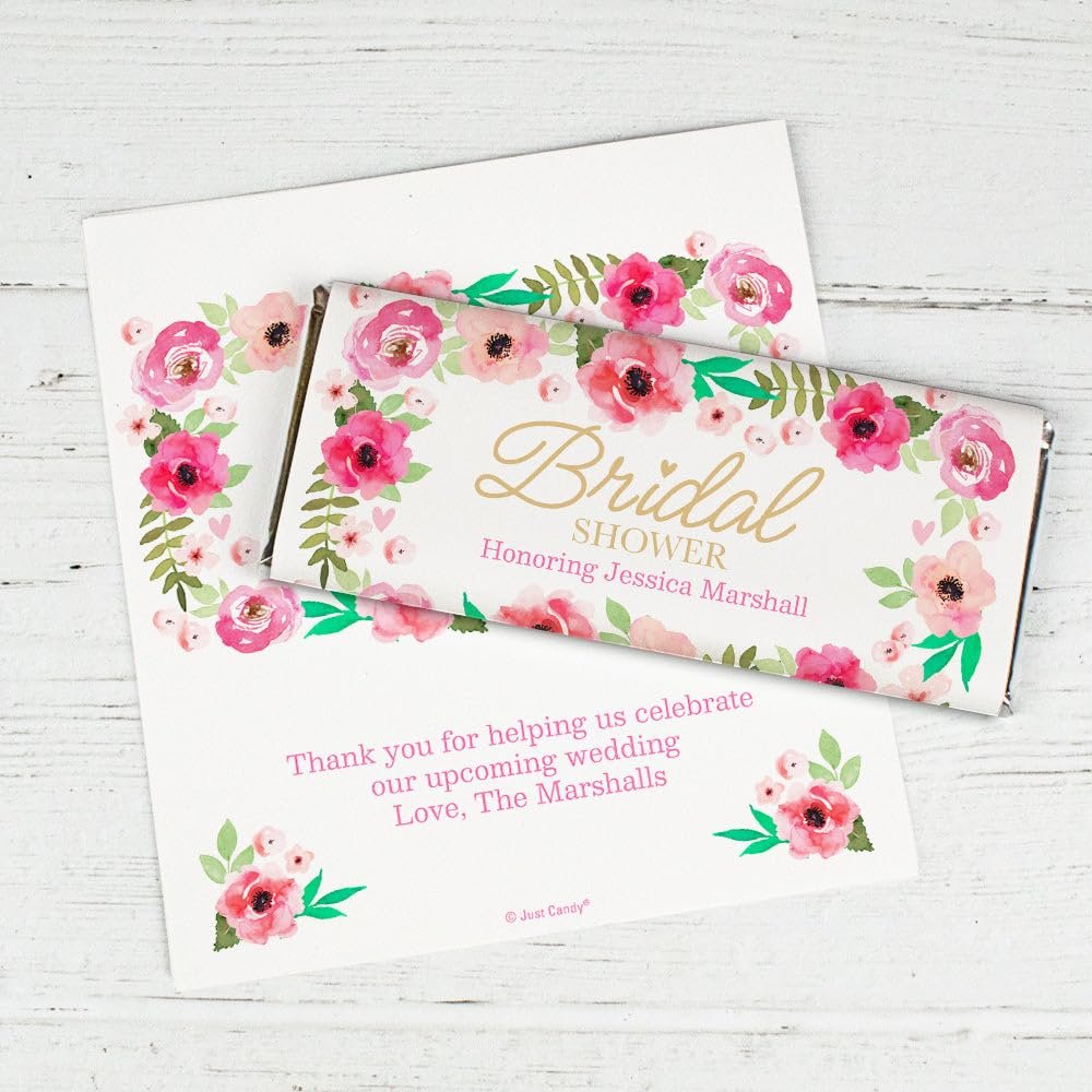 100 Pack Pink Floral Personalized Bridal Shower Chocolate Bar Wrappers For Do-It-Yourself Party Favors, Elegant Giveaways & Guest Gifts (Candy Bars Not Included)