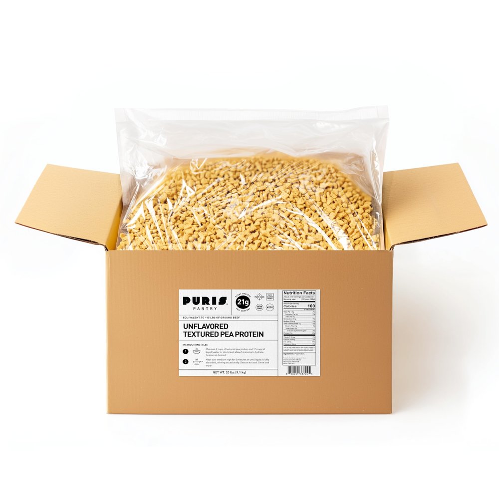 PURIS Pantry Textured Pea Protein, Unflavored Meatless Vegetable Crumbles, Soy Free, Gluten Free, 21g of Protein per Serving, Plant-Based Vegan Meat Substitute, Equivalent to 60 Pounds Ground Beef | 20 lbs Bag in Box