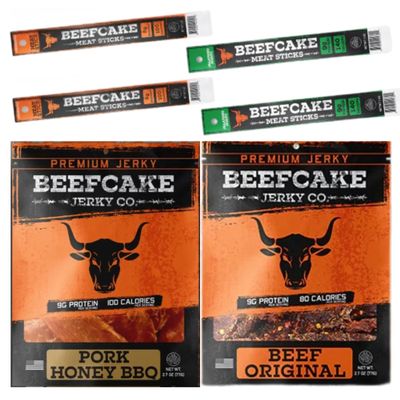 BeefCake Jerky Gift Box Meat Snack Variety Pack Honey BBQ Pork Jerky and Beef Sticks Protein Snack Pack High Protein Meat Snacks Gift Set for Men, Office Snacks, Care Packages, Road Trip Snacks