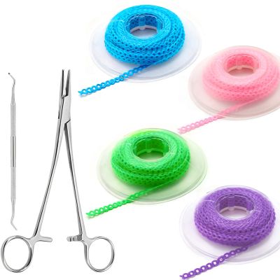 4 Rolls Power Chain for Braces with Changing Kit (Orthodontic Pliers and Probe), Continuous Rubber Braces Power chains, DIY Dental Braces Color Change at Home (Blue, Green, Pink, Purple)