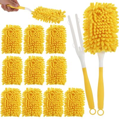12-Piece Mop Cloths Set, White & Yellow Reusable Washable Chenille Dust Mop Replacement Pads with 2 Handles, Microfiber Cleaning Heads for Hardwood or Tile Cleaning