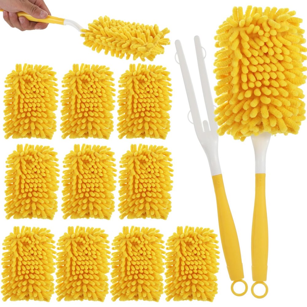 12-Piece Mop Cloths Set, White & Yellow Reusable Washable Chenille Dust Mop Replacement Pads with 2 Handles, Microfiber Cleaning Heads for Hardwood or Tile Cleaning